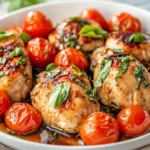 Slow Cooker Chicken With Cherry Tomatoes Served On A White Plate, Garnished With Fresh Basil And Bright, Juicy Tomatoes