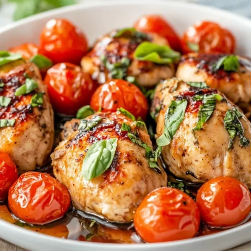 Slow Cooker Chicken With Cherry Tomatoes Served On A White Plate, Garnished With Fresh Basil And Bright, Juicy Tomatoes