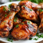 Juicy Slow Cooker Drumsticks On A White Plate, Glazed With Bbq Sauce And Garnished With Fresh Parsley