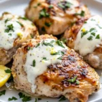 Delicious Slow Cooker Greek Chicken Drizzled With Yogurt Sauce, Garnished With Parsley And Lemon Wedges On A White Plate