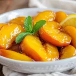 Bowl Of Slow Cooker Peaches Garnished With Fresh Mint And Lemon Slices, Glistening In Bright Natural Light