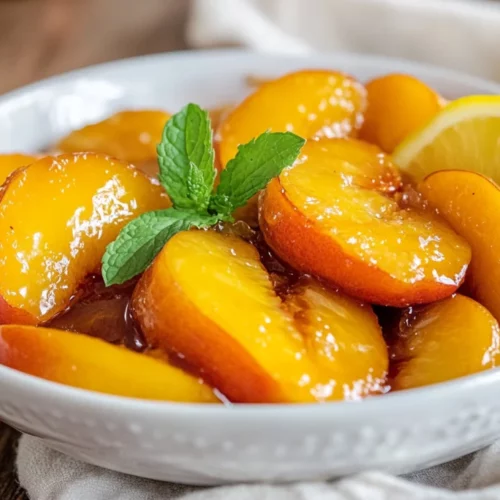 Bowl Of Slow Cooker Peaches Garnished With Fresh Mint And Lemon Slices, Glistening In Bright Natural Light