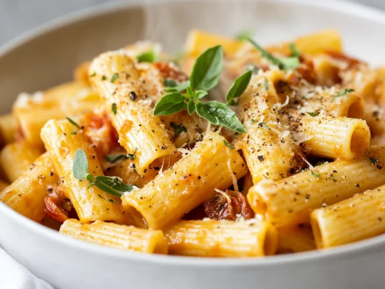 Creamy Smoky Lemon Pasta With Roasted Tomatoes And Oregano Served In A White Bowl Garnished With Lemon Zest