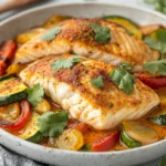 Spiced Coconut Sea Bass Bake On A White Plate With Roasted Vegetables And Fresh Cilantro Garnishes