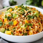Vibrant Sriracha Lime Noodle Salad In A White Bowl Garnished With Mango, Avocado, And Peanuts