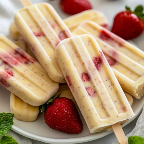 Vibrant Strawberry Banana Popsicles On A White Plate Garnished With Mint Leaves Against A Neutral Background.