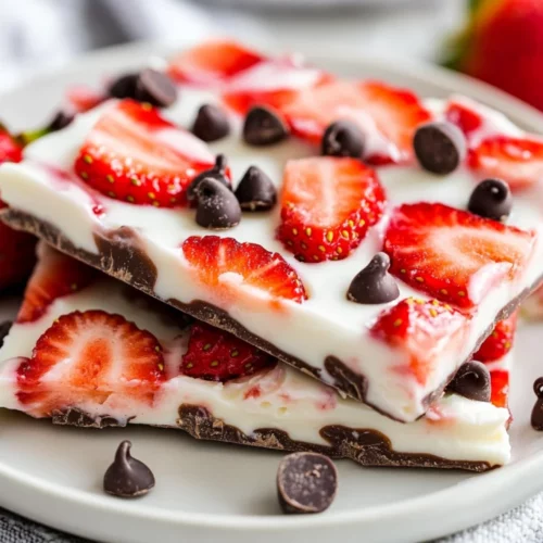 Strawberry Chocolate Yogurt Bark: A Healthy, No-Bake Treat 2 Strawberry Chocolate Yogurt Bark On A White Plate Garnished With Fresh Strawberries And Mini Chocolate Chips
