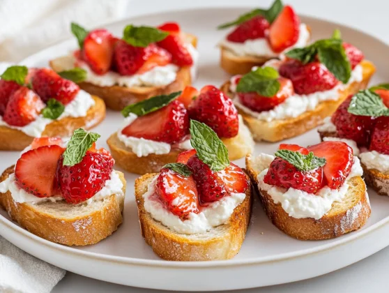 Healthy Strawberry Crostini On A White Plate, Topped With Ricotta, Strawberries, And Mint Leaves