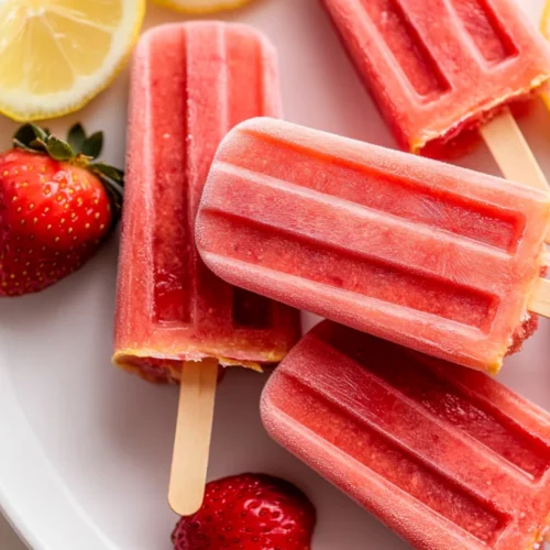 Strawberry Lemonade Popsicles: Refreshingly Healthy And Easy 2 Refreshing Strawberry Lemonade Popsicles On A White Plate, Garnished With Fresh Strawberries And Lemon Slices
