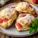 Freshly Baked Strawberry Scones On A White Plate Sprinkled With Powdered Sugar And Garnished With Mint Leaves