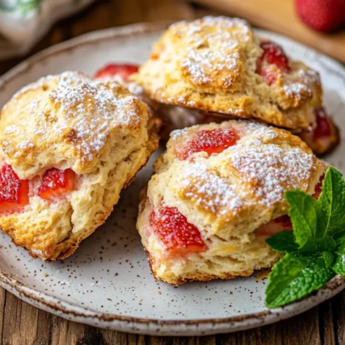 Freshly Baked Strawberry Scones On A White Plate Sprinkled With Powdered Sugar And Garnished With Mint Leaves