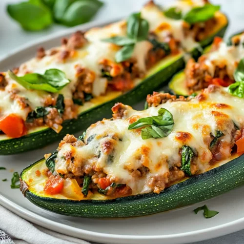 Stuffed Zucchini Boats Filled With Italian Sausage And Topped With Melted Cheese On A White Plate