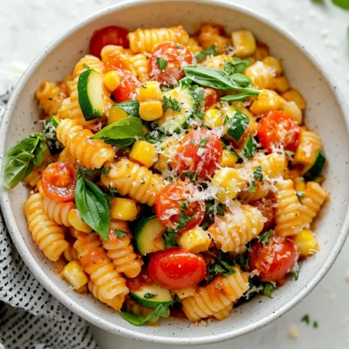 Vibrant Summer Cavatelli Pasta With Corn And Zucchini In A White Bowl, Garnished With Fresh Basil And Pecorino Romano.