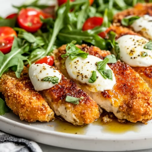 Healthy Summer Chicken Parmesan On A White Plate With Fresh Salad, Basil, And Cherry Tomatoes