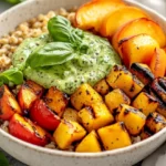 Colorful Summer Grain Bowl With Green Goddess Dressing, Grilled Veggies, Peaches, And Fresh Basil On A White Plate