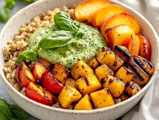 Colorful Summer Grain Bowl With Green Goddess Dressing, Grilled Veggies, Peaches, And Fresh Basil On A White Plate