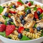 Colorful Summer Pasta Salad With Chicken And Berries In A White Bowl, Garnished With Fresh Basil And Almonds