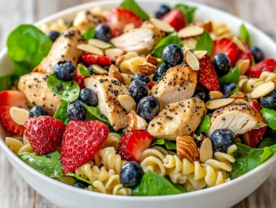 Summer Pasta Salad With Chicken And Berries – A Healthy, Flavor-Packed Dish 2 Colorful Summer Pasta Salad With Chicken And Berries In A White Bowl, Garnished With Fresh Basil And Almonds