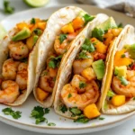 Colorful Summer Shrimp Tacos Topped With Peach Salsa And Avocado On A White Plate With Lime Wedges