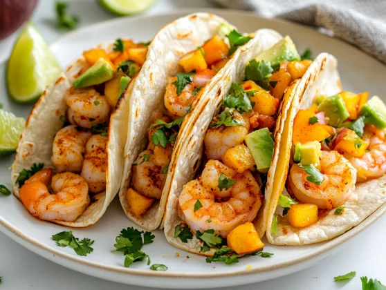 Summer Shrimp Tacos With Peach Salsa - Quick &Amp; Healthy 2 Colorful Summer Shrimp Tacos Topped With Peach Salsa And Avocado On A White Plate With Lime Wedges
