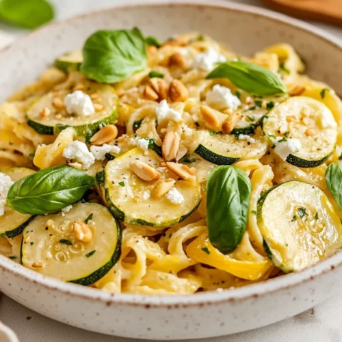 20-Minute Summer Squash Pasta With Goat Cheese And Brown Butter 2 Creamy Summer Squash Pasta With Goat Cheese Garnished With Basil And Pine Nuts In A White Bowl