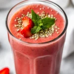Refreshing Summer Strawberry Watermelon Smoothie In A Clear Glass, Topped With Mint Leaves And Hemp Seeds