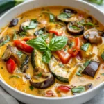 Bowl Of Summer Vegetable Curry With Eggplant And Bell Peppers, Garnished With Fresh Basil On A Wooden Table