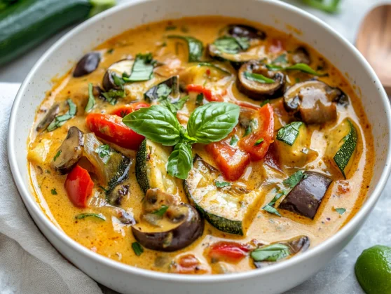 Bowl Of Summer Vegetable Curry With Eggplant And Bell Peppers, Garnished With Fresh Basil On A Wooden Table