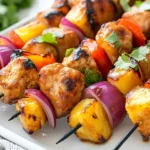 Grilled Teriyaki Chicken Kebabs With Pineapple, Bell Peppers, And Onions On A White Plate, Garnished With Cilantro