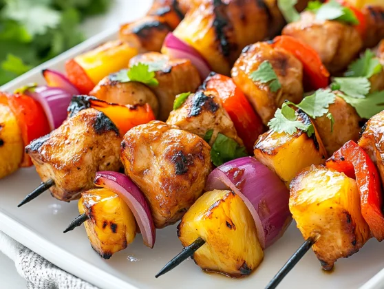 Healthy Teriyaki Chicken Kebabs With Pineapple - Quick &Amp; Easy Recipe 2 Grilled Teriyaki Chicken Kebabs With Pineapple, Bell Peppers, And Onions On A White Plate, Garnished With Cilantro