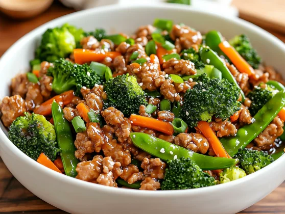 Quick And Healthy Teriyaki Turkey Skillet Recipe 2 Delicious Teriyaki Turkey Skillet With Colorful Vegetables In A White Bowl, Garnished With Scallions