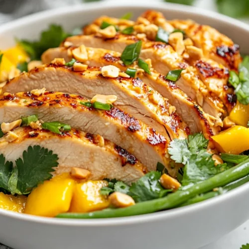 Delicious Thai Chicken Mango Salad With Sliced Chicken, Mango, And Peanuts In A White Bowl, Garnished With Fresh Herbs.