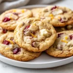 Thick Chewy White Chocolate Cranberry Cookies On A White Plate Garnished With Orange Zest And A Gray Towel In The Background