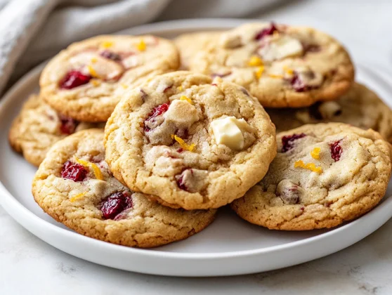 Thick Chewy White Chocolate Cranberry Cookies: The Perfect Treat 2 Thick Chewy White Chocolate Cranberry Cookies On A White Plate Garnished With Orange Zest And A Gray Towel In The Background