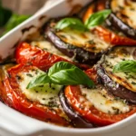 Tomato And Eggplant Bake In A White Dish Garnished With Fresh Basil And Melted Mozzarella Cheese