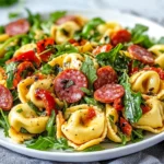 Vibrant Tortellini Pasta Salad With Arugula And Roasted Red Peppers Served On A White Plate, Drizzled With Dressing.