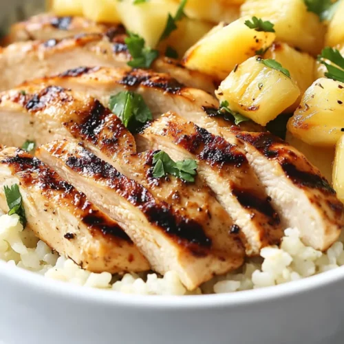 Tropical Chicken And Cauliflower Rice Bowl Topped With Fresh Pineapple And Cilantro On A White Plate