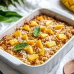 Baked Tropical Fruit Baked Oatmeal Topped With Pineapple, Mango, And Coconut Flakes In A White Dish