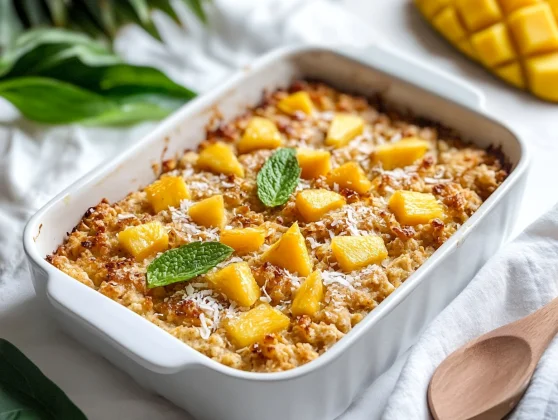 Baked Tropical Fruit Baked Oatmeal Topped With Pineapple, Mango, And Coconut Flakes In A White Dish