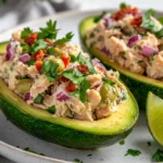 Plate Of Tuna Avocado Boats Filled With Colorful Tuna Salad, Garnished With Parsley And Lime Wedges