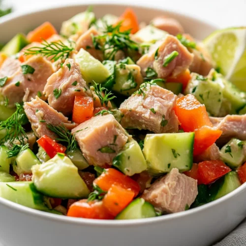 Tuna Avocado Salad: Quick, Healthy, And Delicious Recipe 2 Tuna Avocado Salad In A White Bowl, Garnished With Fresh Dill And Lime, Showcasing Colorful Vegetables