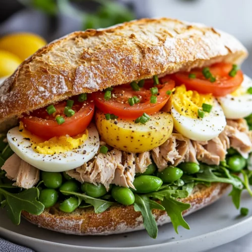 The Best Tuna Nicoise Sandwich Recipe For A Healthy Lunch 2 Tuna Nicoise Sandwich On A White Plate, Filled With Tuna, Eggs, Beans, And Drizzled With Chive Dressing