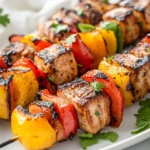 Grilled Tuna Teriyaki Kabobs On A White Plate, Garnished With Fresh Cilantro And Colorful Bell Peppers