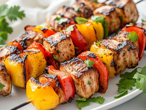 Grilled Tuna Teriyaki Kabobs On A White Plate, Garnished With Fresh Cilantro And Colorful Bell Peppers