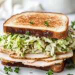 Turkey Sandwich With Cabbage Slaw On A White Plate, Garnished With Dill Pickles And Drizzled With Hot Honey