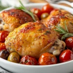 Tuscan Chicken Thighs Served On A White Plate With Cherry Tomatoes And Olives, Garnished With Rosemary.