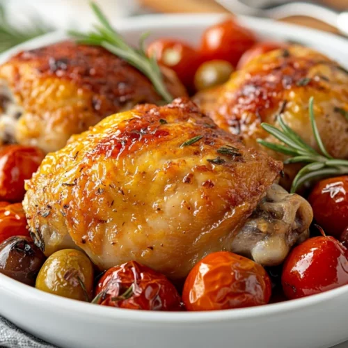 Tuscan Chicken Thighs Served On A White Plate With Cherry Tomatoes And Olives, Garnished With Rosemary.