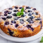 Slice Of Vegan Blueberry Coffee Cake On A White Plate Garnished With Streusel And Fresh Mint Leaves.