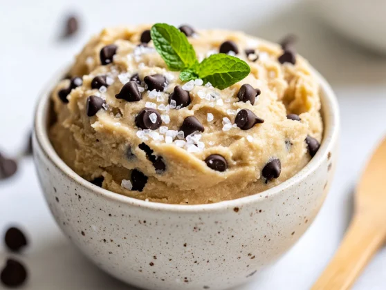 Bowl Of Vegan Edible Cookie Dough Garnished With Chocolate Chips And Mint Leaves On A Neutral Background