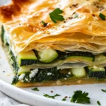 Vegetable Goat Cheese Phyllo Pie On A White Plate, Garnished With Parsley, Revealing Golden Layers And Vibrant Filling.